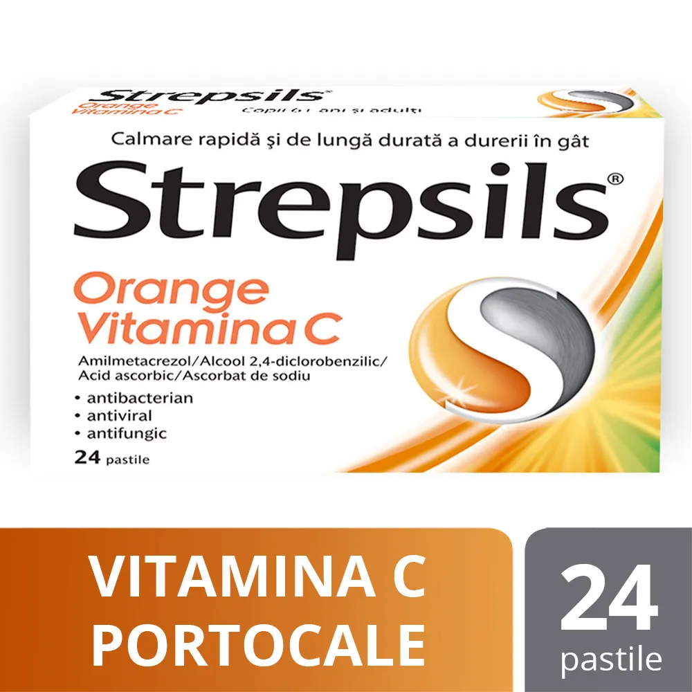 Strepsils Orange + Vitamina C x 24 comprimate