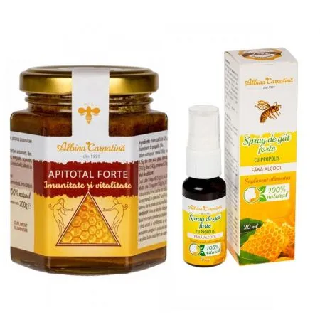 Pachet Imunitate si vitalitate, Apitotal Forte, 200 g + Spray de gat forte cu propolis fara alcool Albina Carpatina, 20 ml, Albina Carpatina