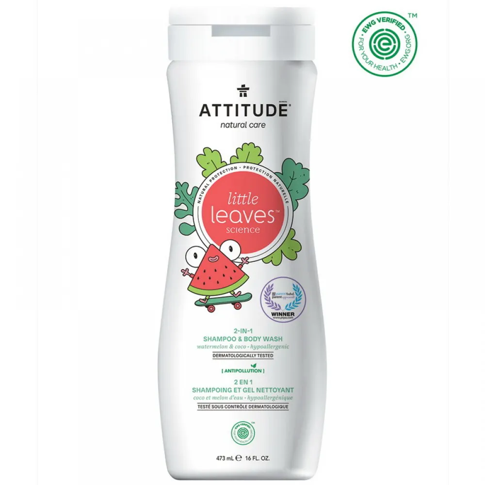 Little Leaves 2 in 1 shampon si gel de dus, pepene si cocos (473 ml), Attitude