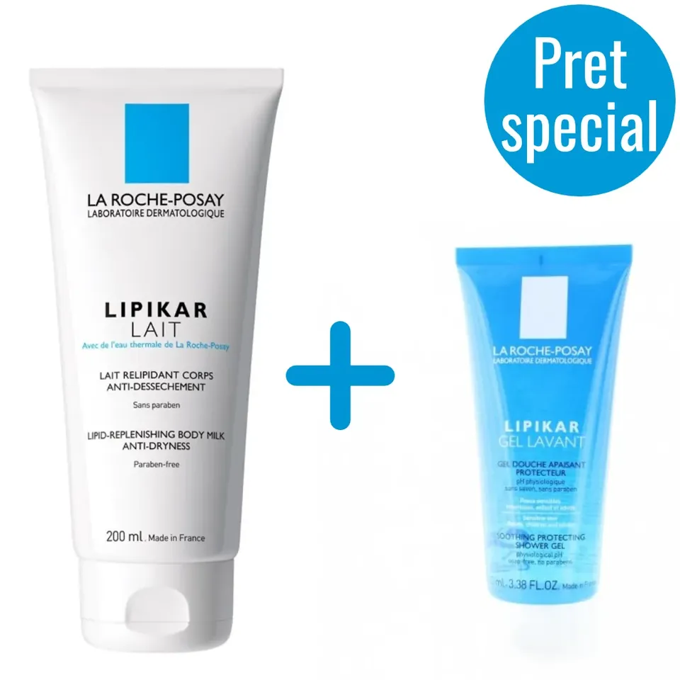 LA ROCHE POSAY Pack Lapte de corp relipidant anti-uscaciune cu efect de hidratare Lipikar, 200 ml + Gel de spalare pentru piele sensibila Lipikar, 100 ml