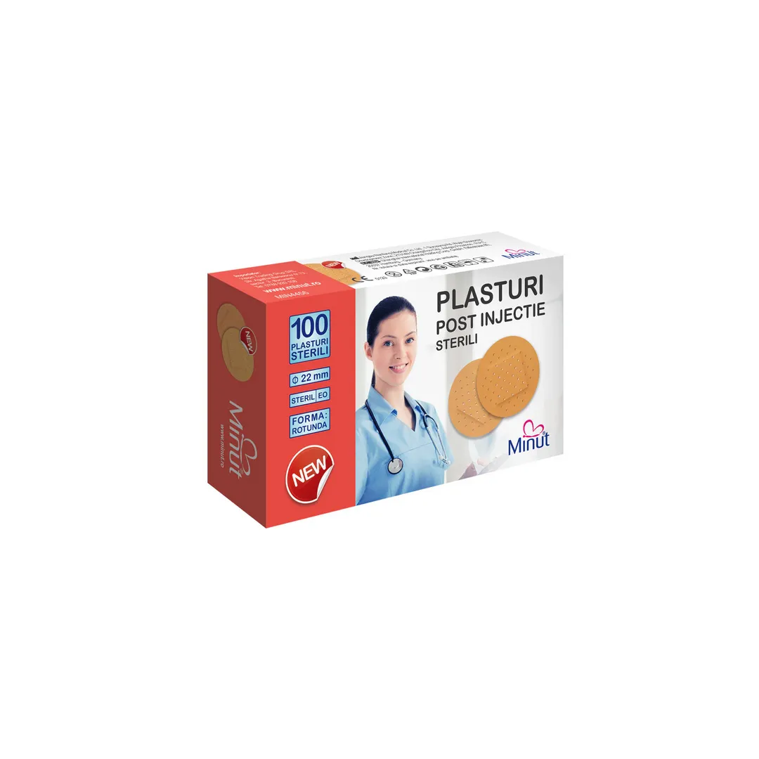 Plasturi post injectie, rotunzi 22 mm, PVC 100 bucati, Minut
