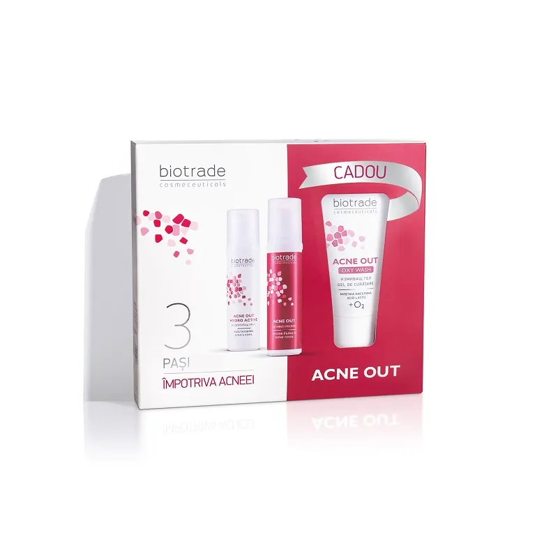 Biotrade Pachet promotional Acne out 3 pasi: Lotiune activa x 60ml + Crema x 60ml + Oxy wash x 50ml
