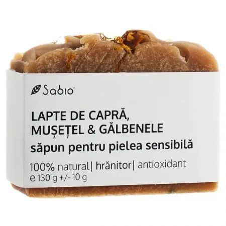 Sapun natural pentru pielea sensibila cu lapte de capra, musetel si galbenele, 130 g, Sabio