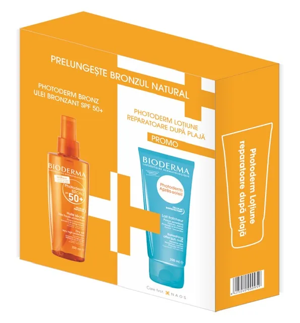 Pachet Ulei uscat Photoderm Bronz SPF 50+ Bioderma, 200 ml + Loțiune reparatoare după plajă Photoderm Apres-soleil, 200 ml, Bioderma