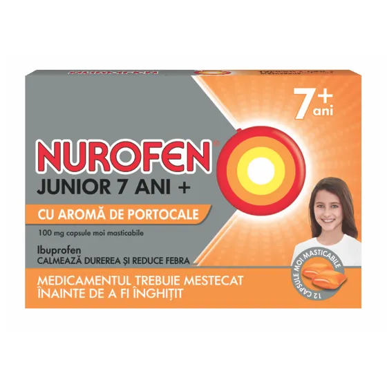 NUROFEN JUNIOR 7 ANI+ CU AROMA DE PORTOCALE 100 mg X 12 CAPS. MOI MASTICABILE RECKITT BENCKISER (R