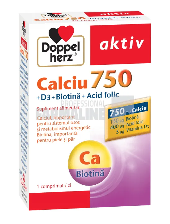 Doppelherz Aktiv Calciu 750 + D3 + Biotina + Acid folic 30 comprimate