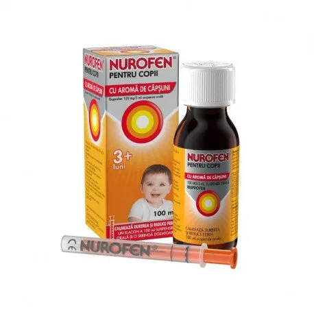 Nurofen pentru copii cu aroma de capsuni 100 mg /5 ml, 100 ml susp. orala