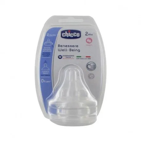 Chicco Physiologic tetina silicon 2 bucati, flux mediu, sistem anticolici, 2luni+