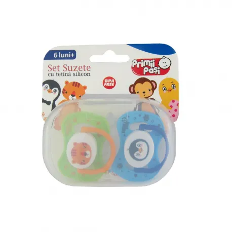 Primii Pasi JP1103 - Set 2 suzete silicon, pinguin-tigru si maimuta-pui, 0-6L