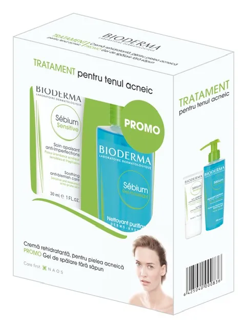 BIODERMA Fluid calmant si hidratant pentru pielea acneica Sebium Sensitive, 30 ml + Gel spumant Sebium, 200 ml