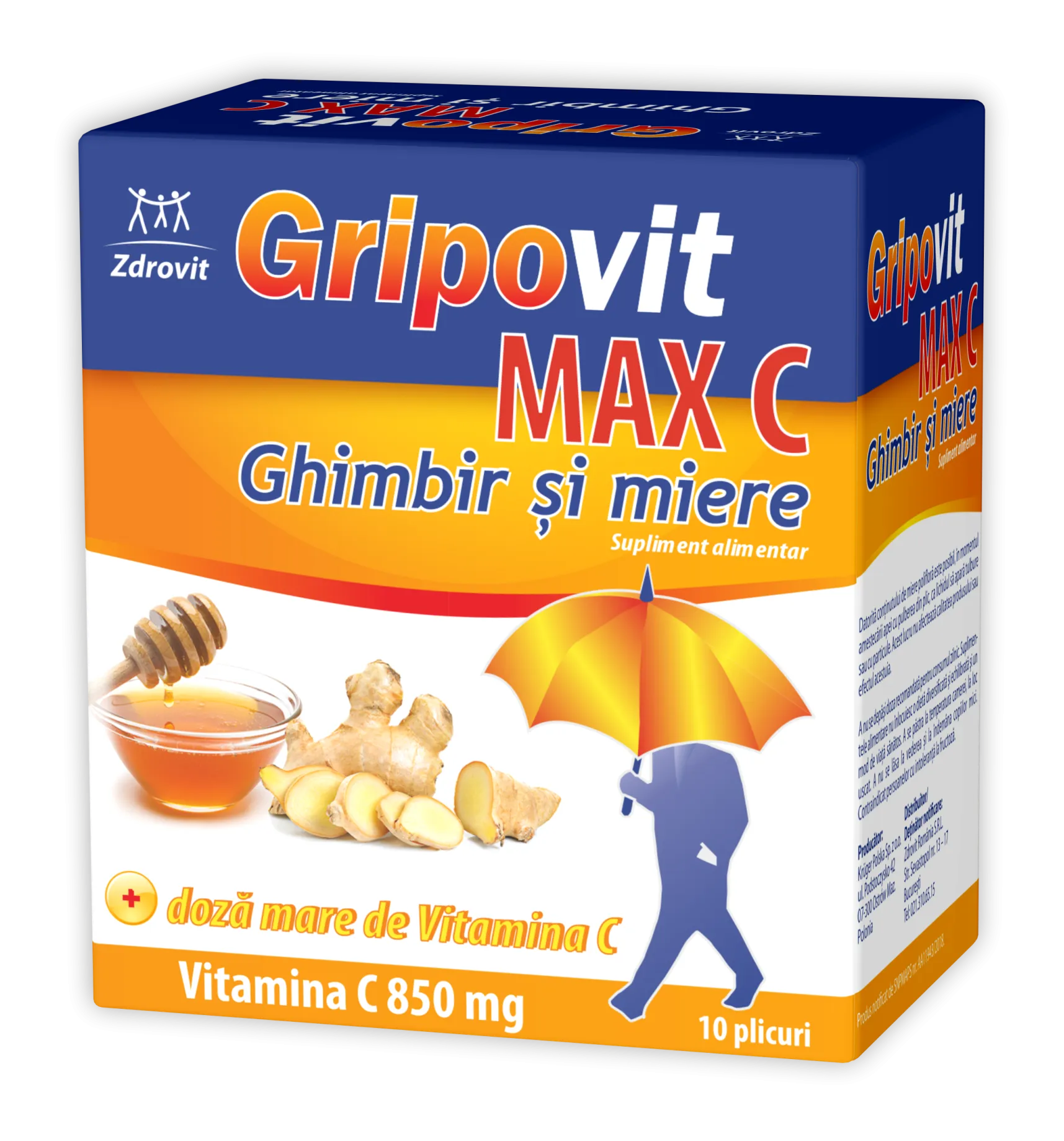 Gripovit Max C ghimbir si miere, 10 plicuri, Zdrovit