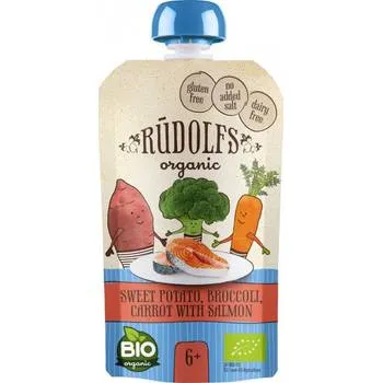 Piure cartofi dulci + brocoli si somon 6+ Bio, 110g, Rudolfs