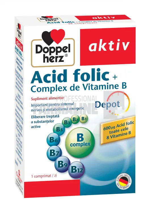 Doppelherz Aktiv Acid folic + Complex de vitamina B retard 30 comprimate