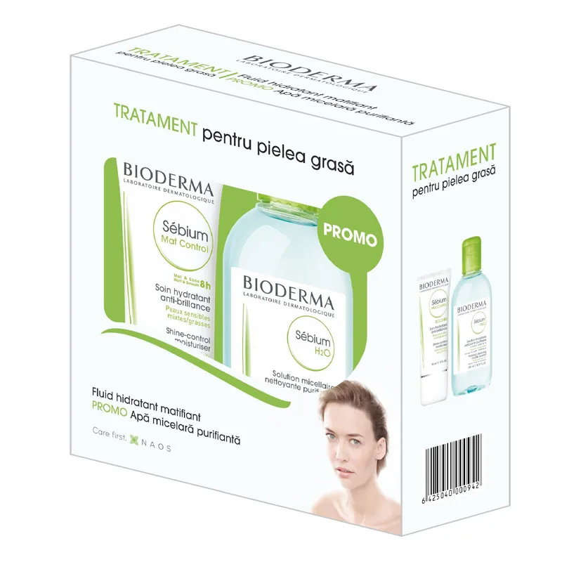 BIODERMA Sebium Mat Control, 30ml + Sebium H2O solutie micelara ten mixt si gras, 250ml