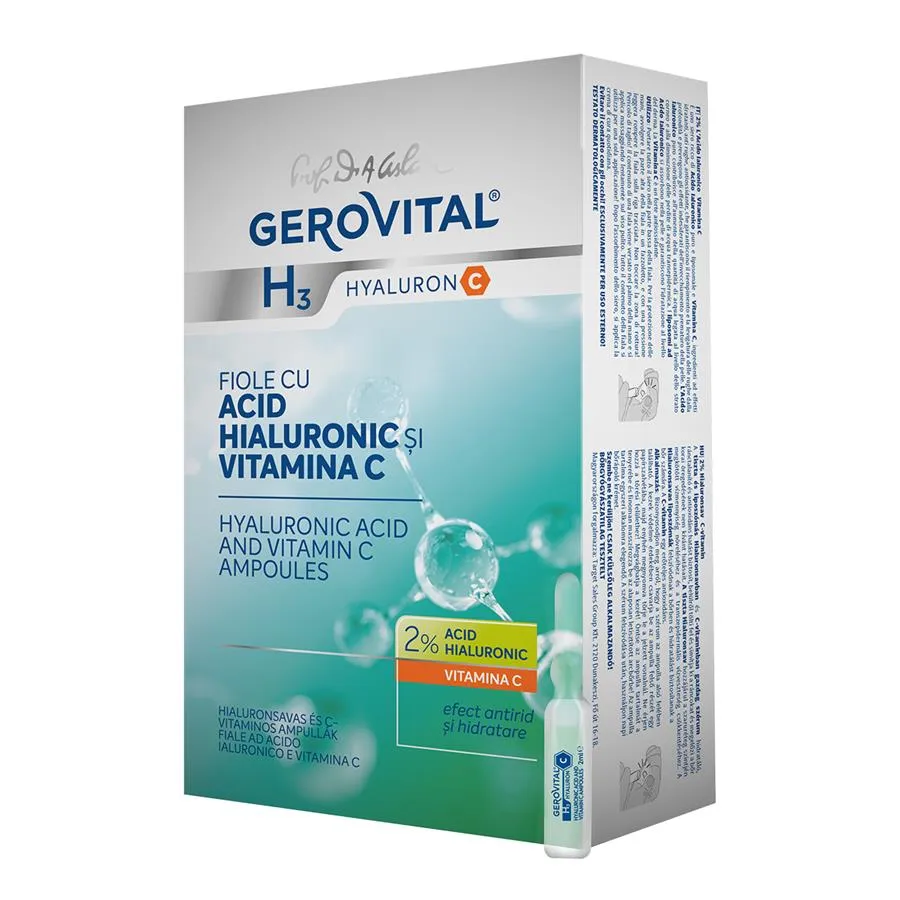 Fiole cu Acid Hialuronic si Vitamina C H3 Hyaluron C 2%, 10 fiole, Gerovital 491
