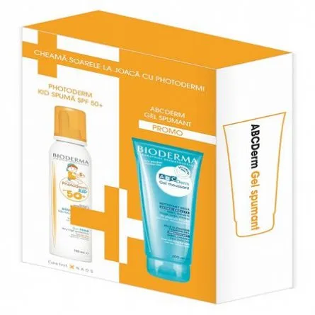 Pachet Spumă Photoderm Kid SPF 50+, 150ml, ABC Derm gel spumant, 200 ml, Bioderma