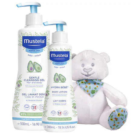 Mustela Pachet Gel de curatare par si corp x 500 ml + Hydra bebe Lapte de corp x 500ml + ursulet cadou