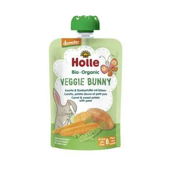 Piure de morcovi, cartofi dulci si mazare Veggie Bunny, 100g, Holle Baby Food