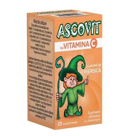 Ascovit cu Vitamina C aroma de piersica, 20 comprimate, Omega Pharm