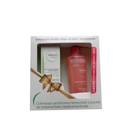 BIODERMA Pack Crema hidratanta Sebium Hydra, 40 ml  Gel spumant calmant si hidratant Sensibio, 200 ml (cadou)