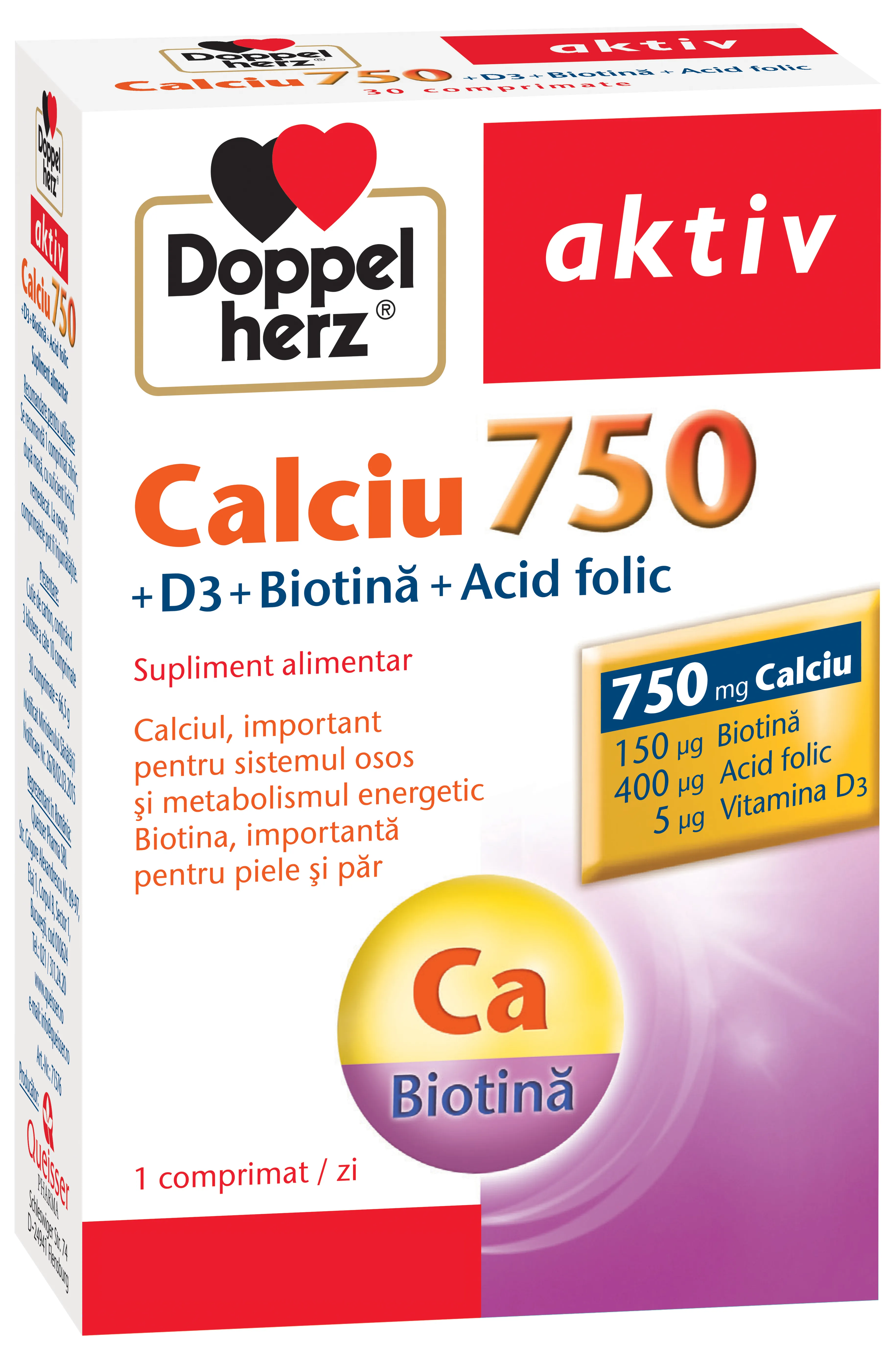 Doppelherz calciu 750 + vitamina d3 + biotina + acid folic x 30 comprimate