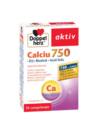 Calciu 750+D3+Biotina+Acid Folic, 30 comprimate, Doppelherz
