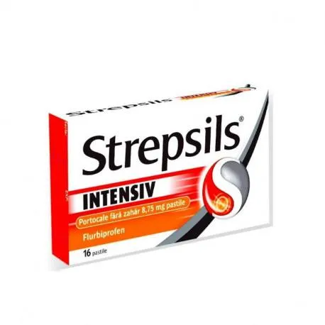 Strepsils intensiv portocale, fara zahar, 16 pastile, dureri de gat