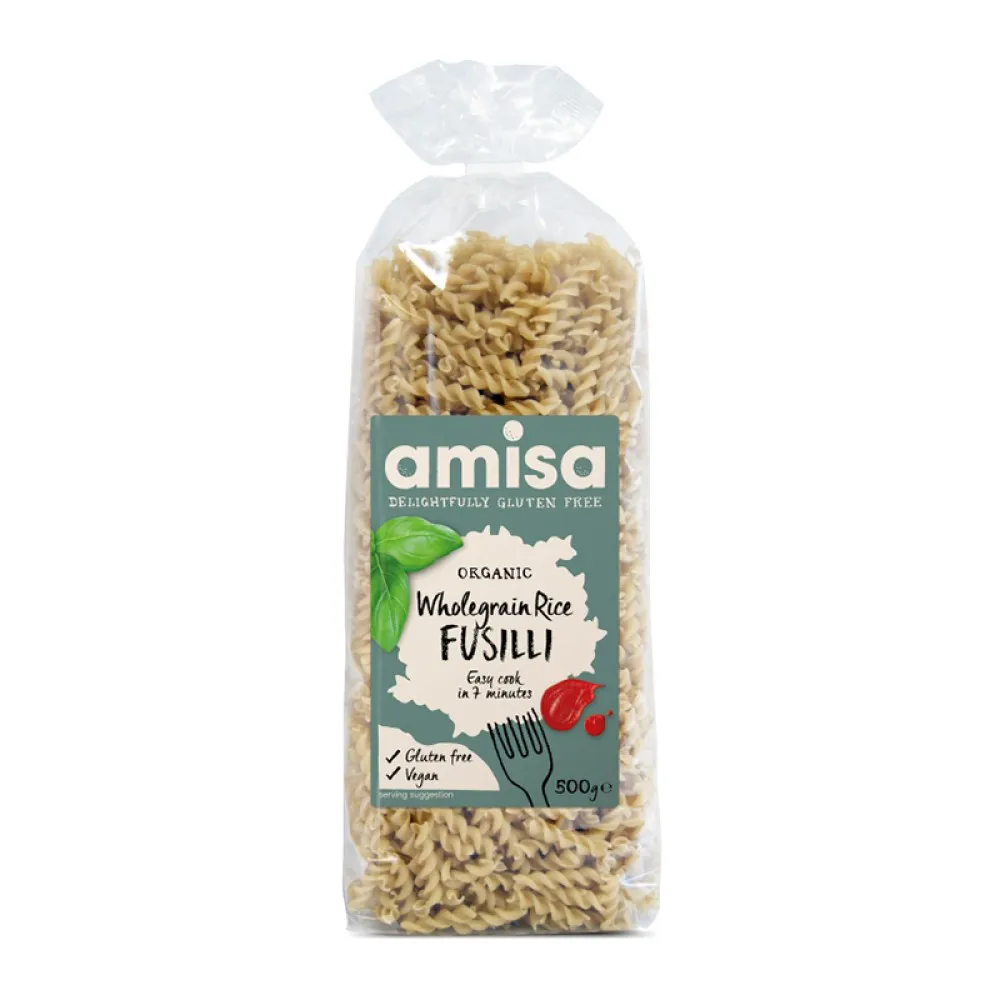 Fusilli din orez integral fara gluten bio (500 grame), Amisa