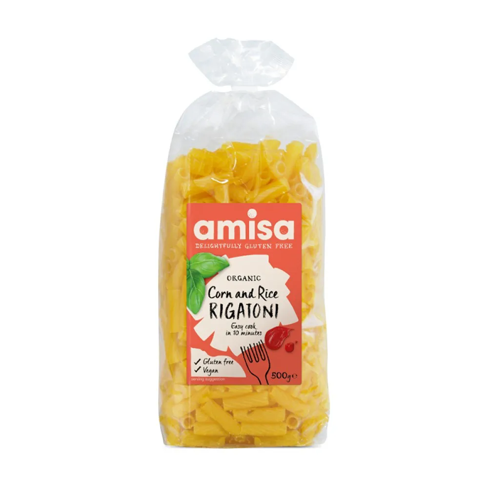Paste rigatoni din orez si porumb fara gluten bio (500 grame), Amisa