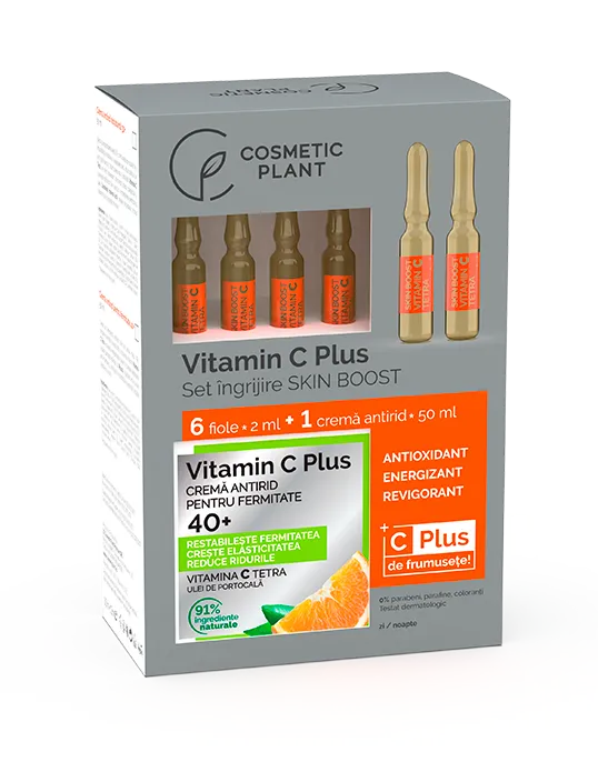 Set ingrijire 6 fiole Skin Boost si crema antirid fermitate 40+, 50 ml, Vitamina C Plus, 6 x 2 ml, Cosmetic Plant