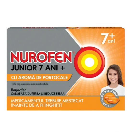 Nurofen Junior 7 ani+ 100 mg cu aroma de portocale, 12 capsule masticabile