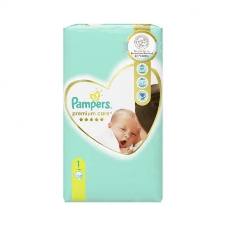 Pampers Scutece Premium Care Marimea 1 New born, 2-5kg, 52 bucati