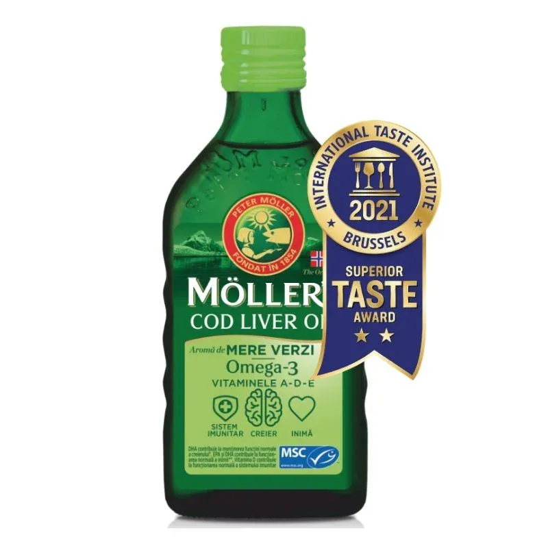 Ulei din ficat de cod Omega 3, Vitamina A-D-E, aroma mere verzi, 250 ml, Moller's