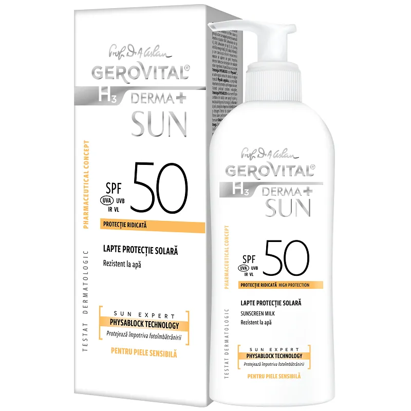 Lapte pentru protectie solara cu SPF 50 H3 Derma+ Sun, 150 ml, Gerovital