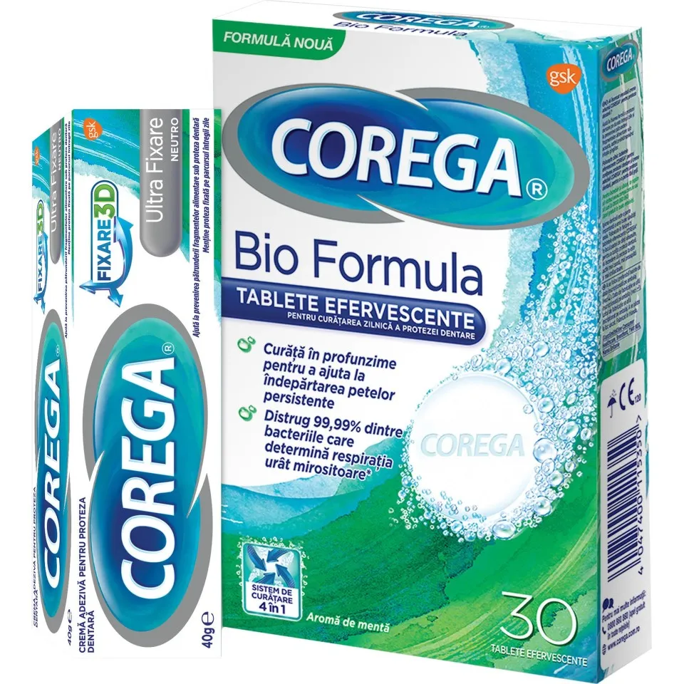 COREGA NEUTRO CREMA ADEZIVA 40G + COREGA TABS BIOFORMULA 30 TABLETE 90% REDUCERE LA AL-2LEA PRODUS