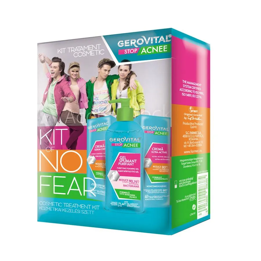 Kit Gel Purifiant 150ml+Crema gel Sebum-Control 50ml+Cremă ultra-activă 15ml, Gerovital Stop Acnee 4185