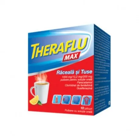 Theraflu Max Raceala si Tuse 1000mg/ 12,2mg/ 200mg, 10plicuri