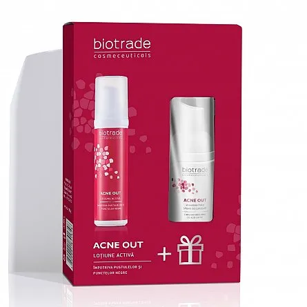 Lotiune activa pentru ten acneic Acne Out, 60ml + Spuma de curatare pentru ten acneic Acne Out, 20ml, cadou, BIOTRADE