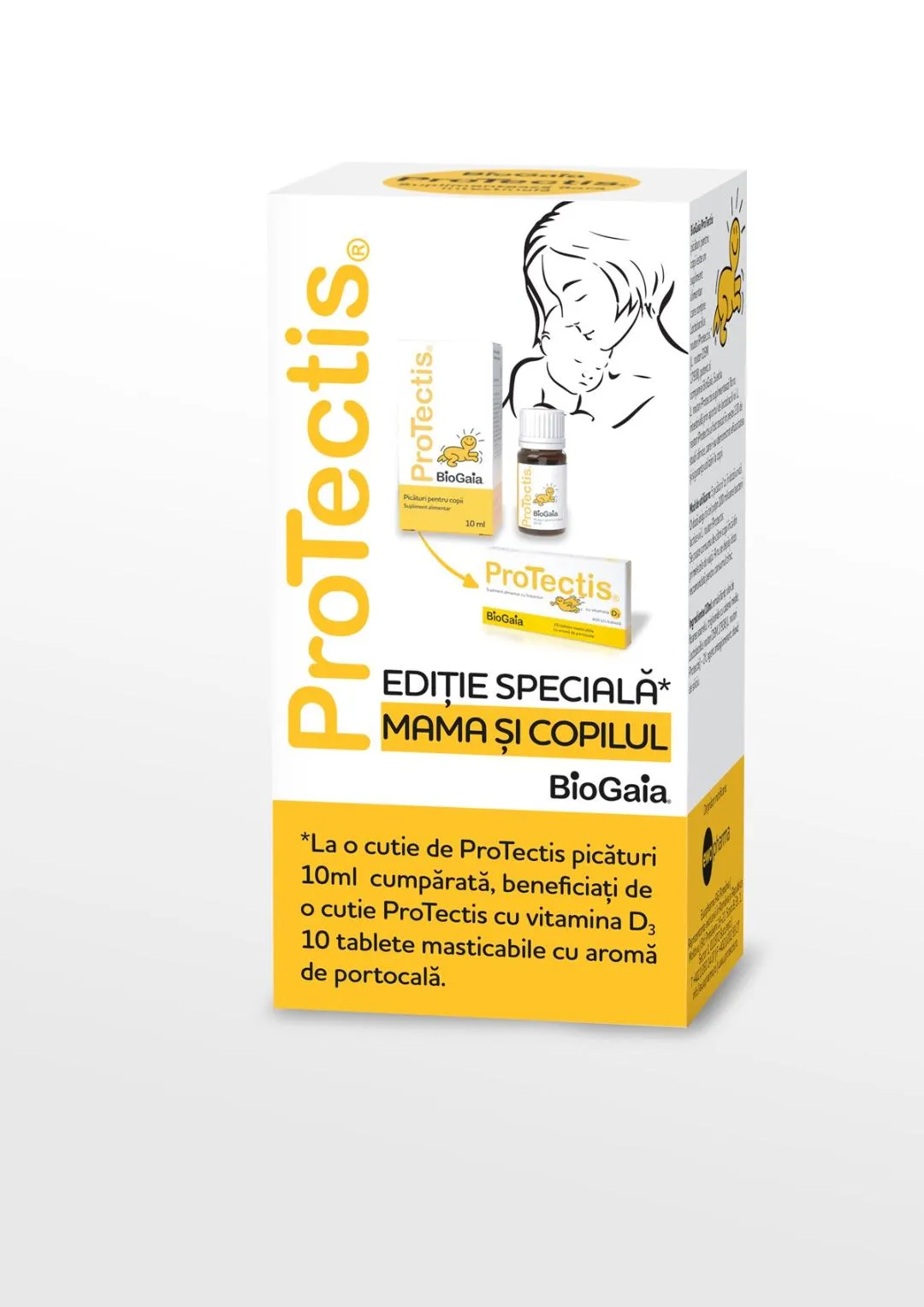 Protectis Mama si copilul picaturi, 10ml+vitamina D3 cu aroma portocale 10cpr masticabile