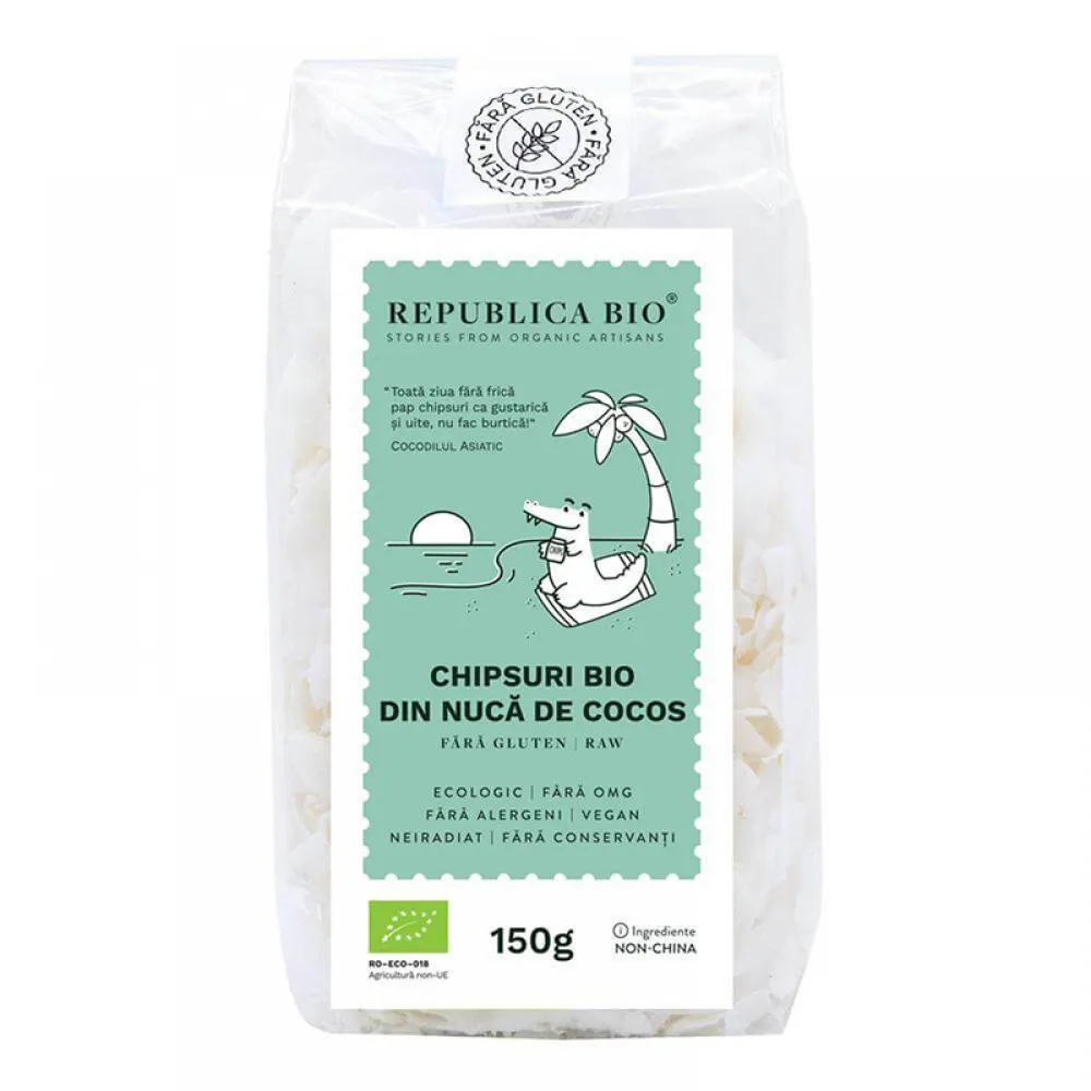 Chipsuri bio din nuca de cocos raw fara gluten (150 grame), Republica Bio