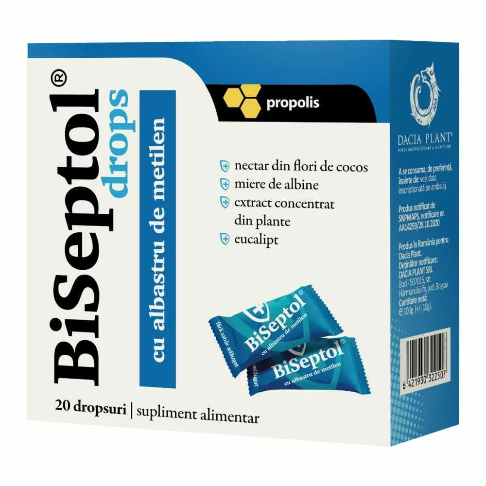 BiSeptol Drops cu propolis si albastru de metilen x 20-Dacia Plant RO