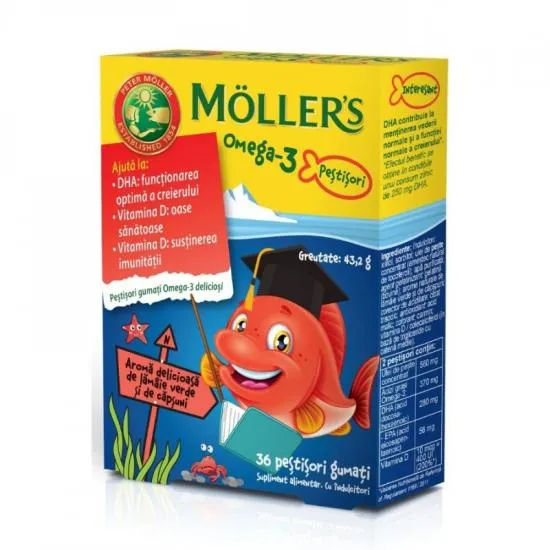 Pestisori gumati cu Omega-3 aroma capsuni, 36 jeleuri, Moller's