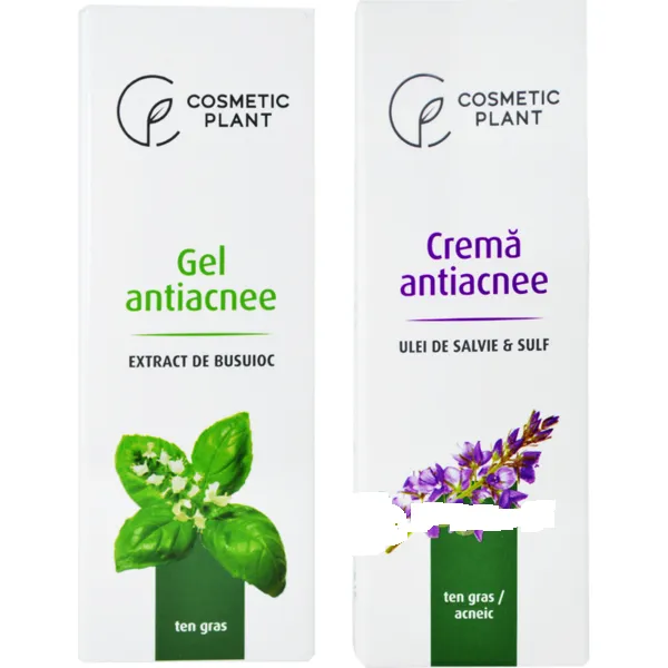 Pachet promotional Gel antiacnee busuioc, 30 ml  +Crema antiacnee salvie si sulf, 30ml, Cosmetic Plant