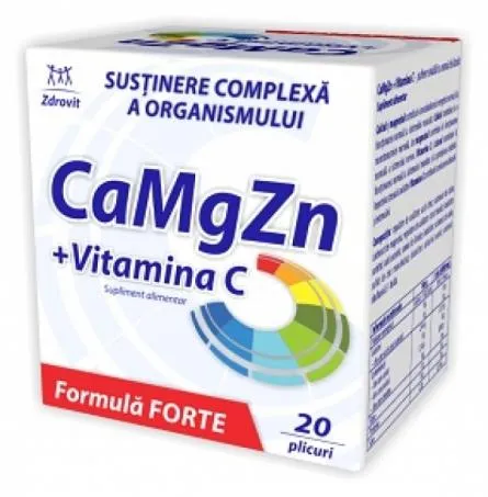 Calciu, Magneziu, Zinc + Vitamina C Forte, 20 plicuri, Zdrovit