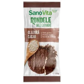 Rondele din grau expandat cu glazura de cacao, 66g, SanoVita