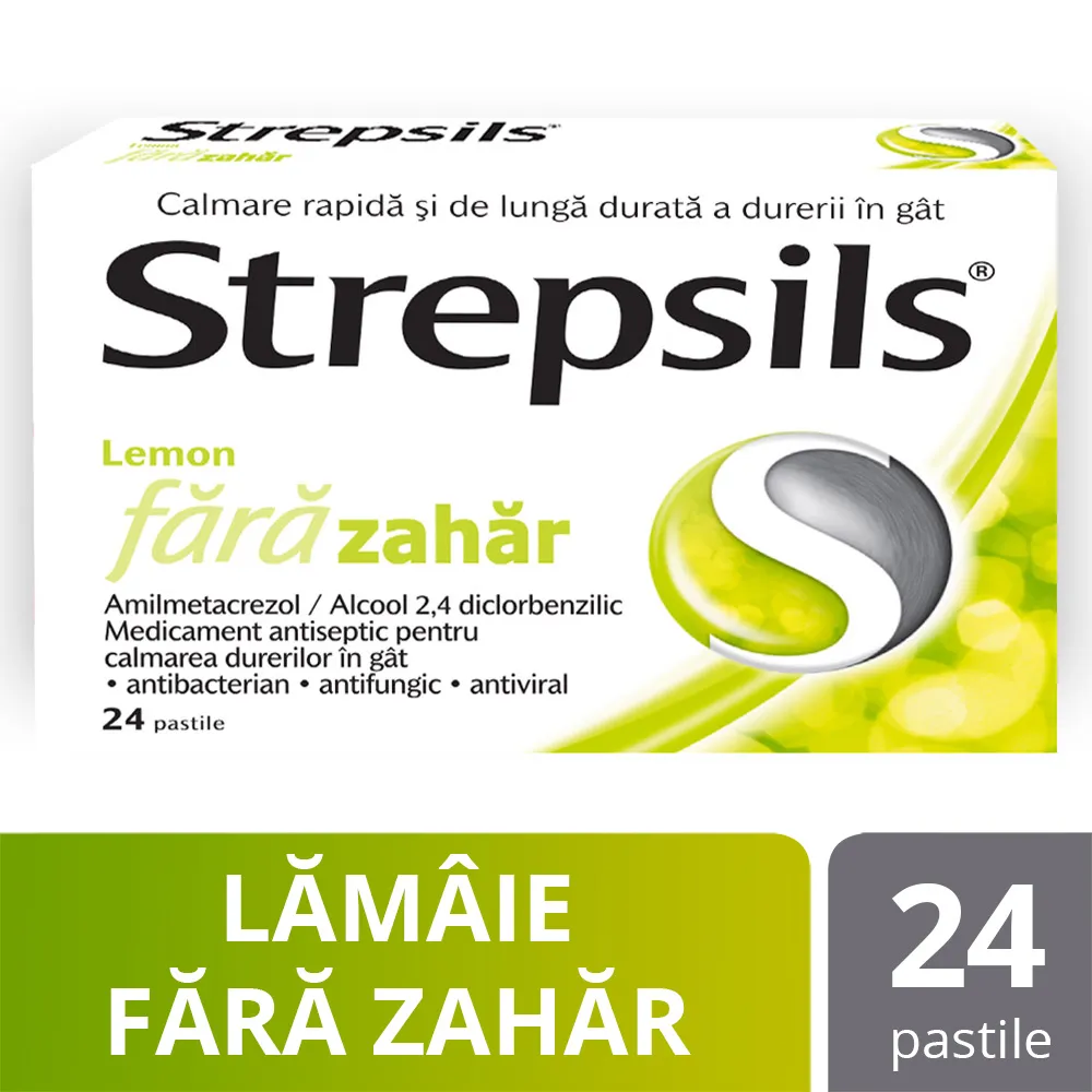Strepsils lemon fara zahar x 24 comprimate