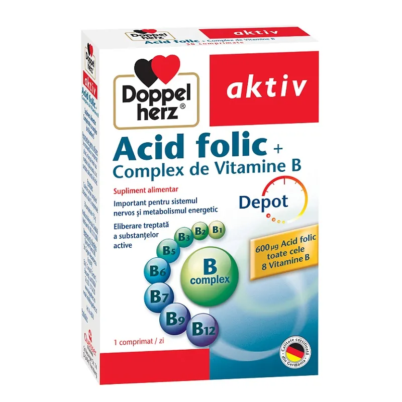 DOPPELHERZ Acid Folic si Complex de Vitamina B, 30 comprimate