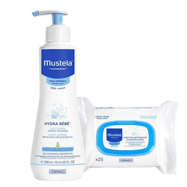 Hydra Bebe lotiune hidratanta de corp, 300 ml + Servetele fata si corp, 25buc, Mustela