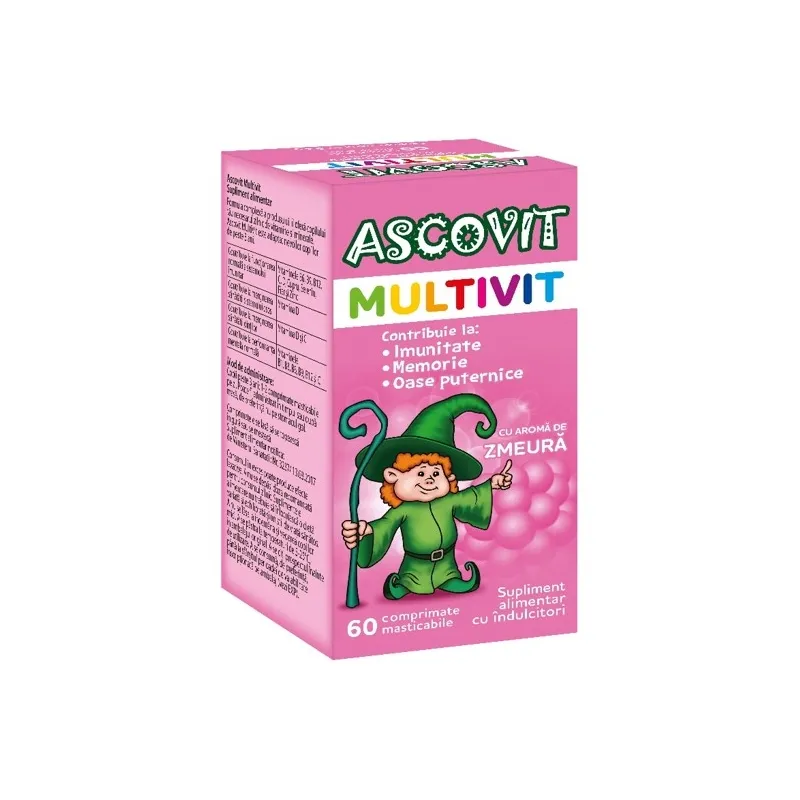 ASCOVIT MULTIVIT CU AROMA DE ZMEURA X 60 COMPRIMATE MASTICABILE