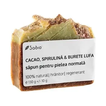 Sapun natural pentru pielea normala cu cacao, spirulina si burete lufa, 130g, Sabio